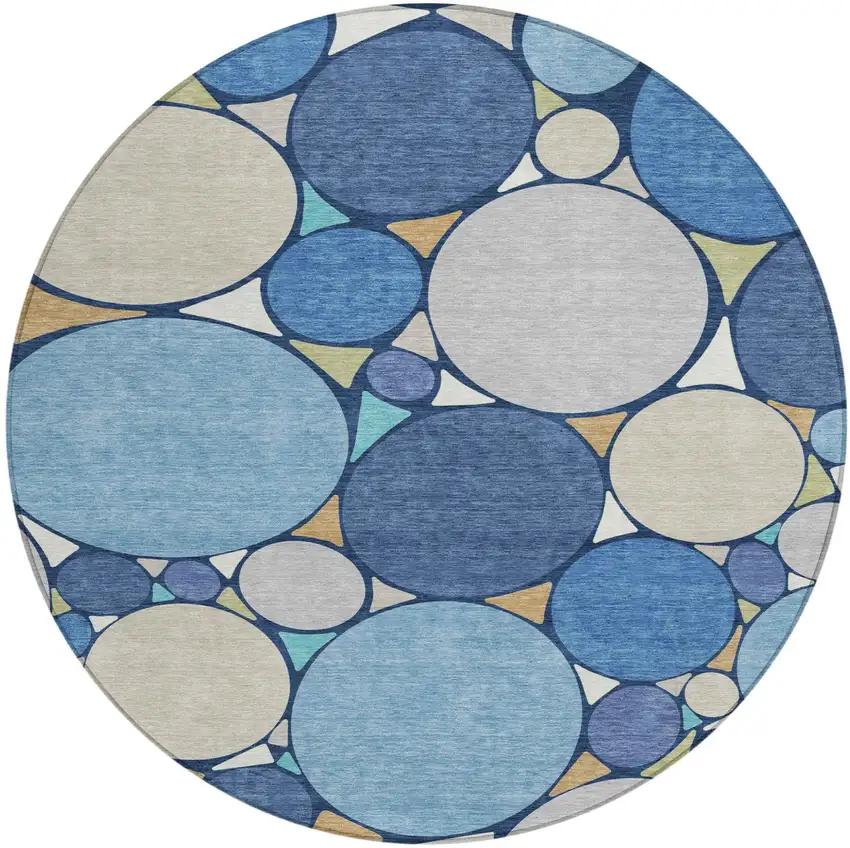 8' Navy Blue And Denim Blue Round Geometric Washable Indoor Outdoor Area Rug Photo 2