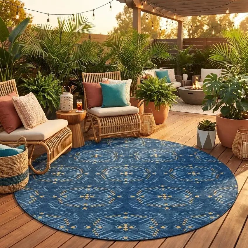 8' Navy Blue And Denim Blue Round Geometric Washable Indoor Outdoor Area Rug Photo 1