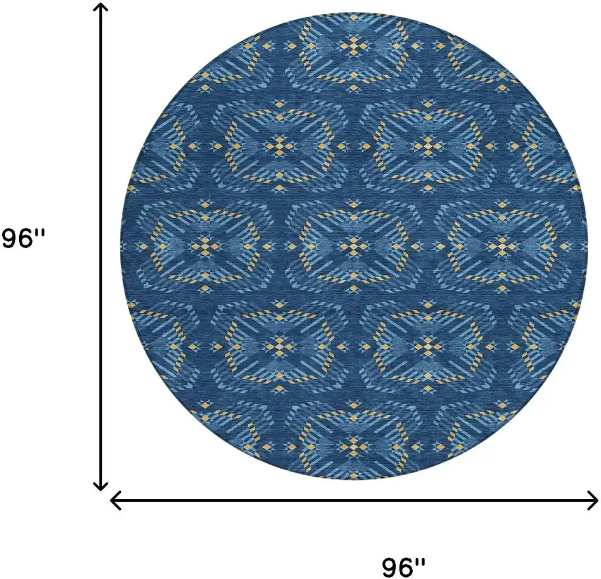 8' Navy Blue And Denim Blue Round Geometric Washable Indoor Outdoor Area Rug Photo 7
