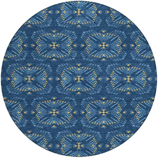 8' Navy Blue And Denim Blue Round Geometric Washable Indoor Outdoor Area Rug Photo 2