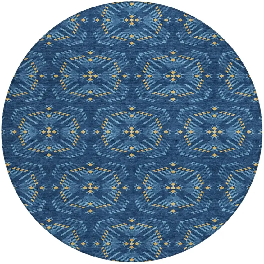 8' Navy Blue And Denim Blue Round Geometric Washable Indoor Outdoor Area Rug Photo 2