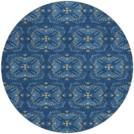 8' Navy Blue And Denim Blue Round Geometric Washable Indoor Outdoor Area Rug Photo 4