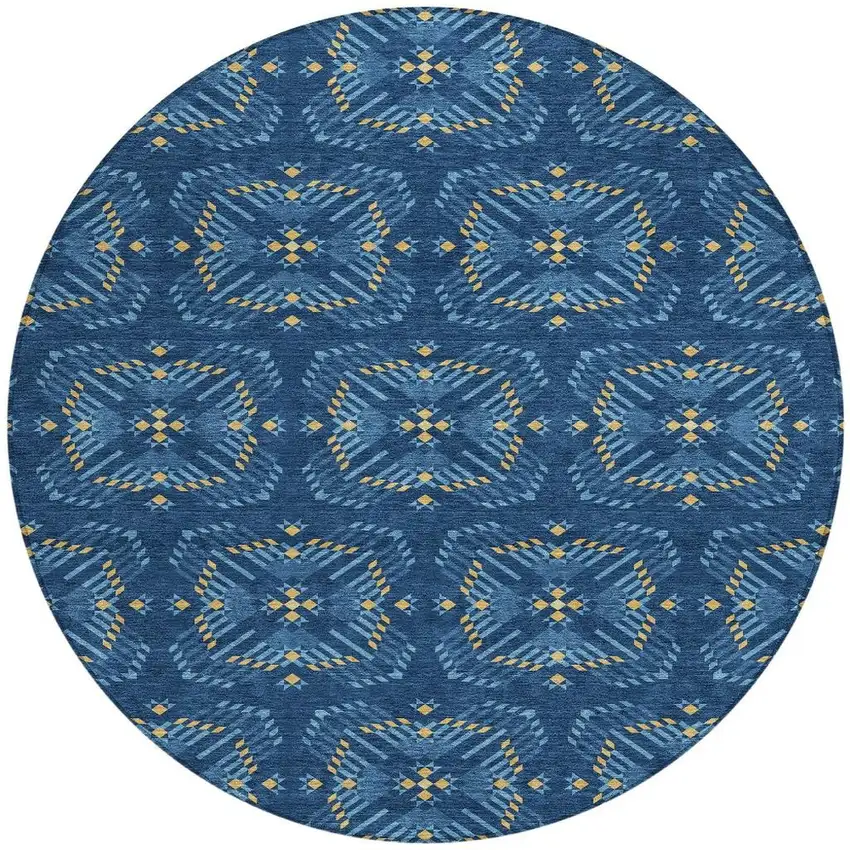 8' Navy Blue And Denim Blue Round Geometric Washable Indoor Outdoor Area Rug Photo 4