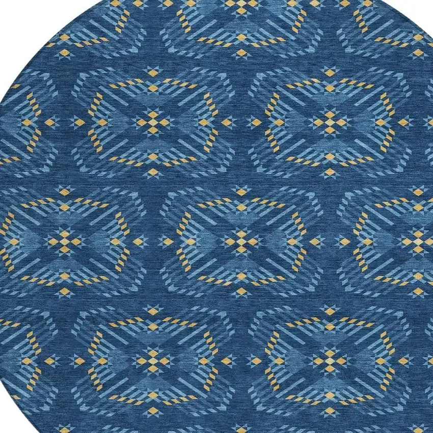 8' Navy Blue And Denim Blue Round Geometric Washable Indoor Outdoor Area Rug Photo 3