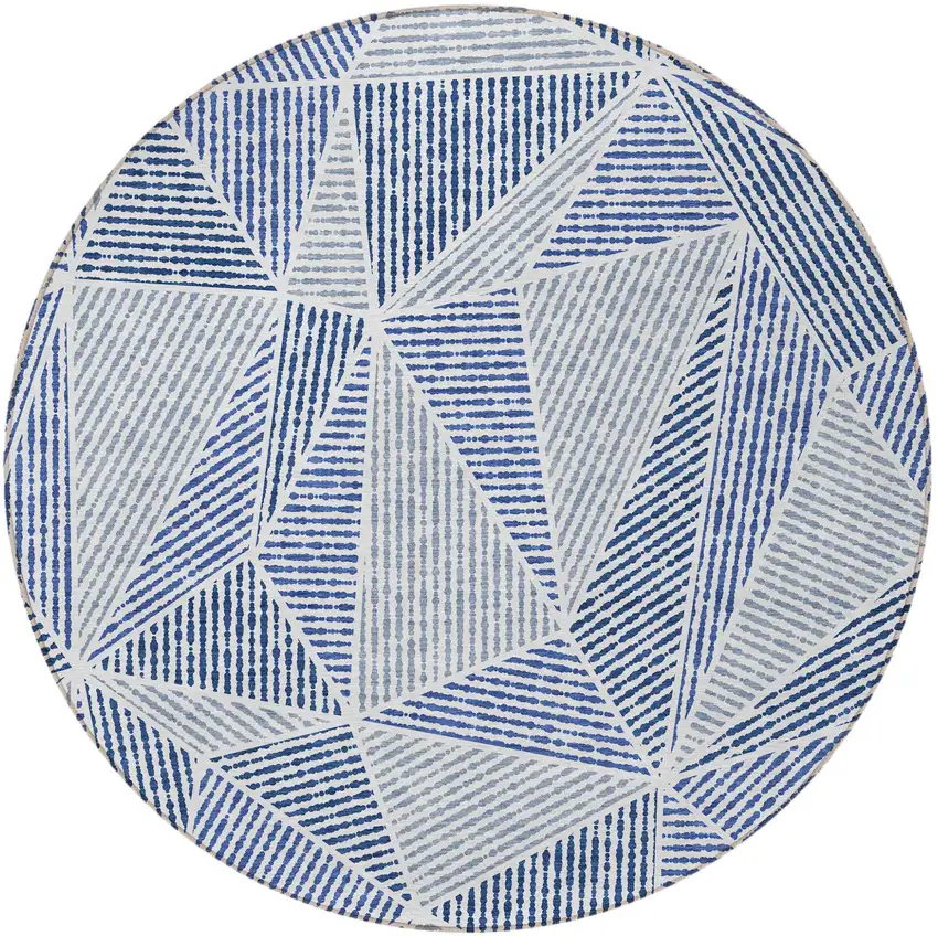 8' Navy Blue And Denim Blue Round Geometric Washable Indoor Outdoor Area Rug Photo 6