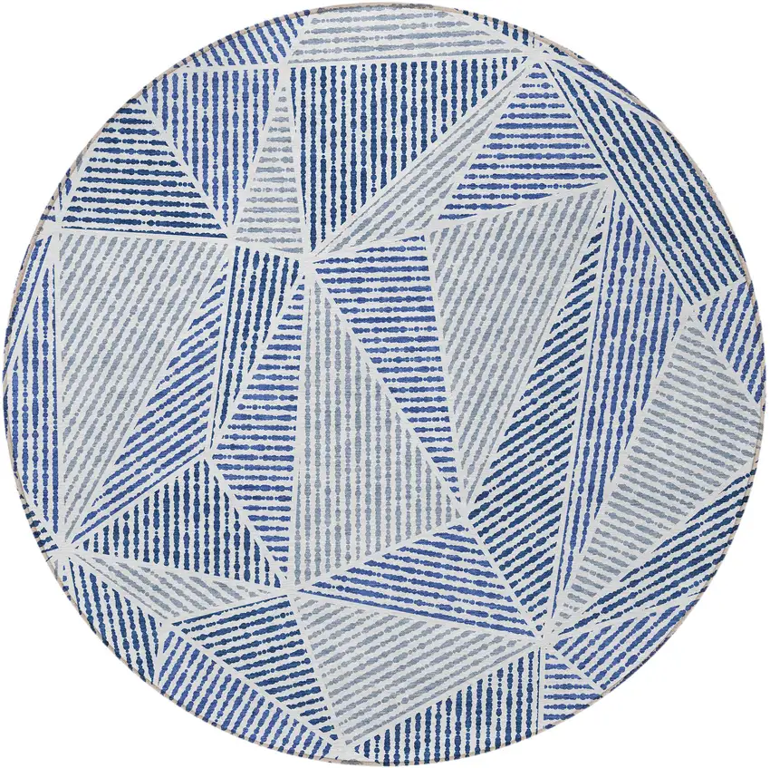 8' Navy Blue And Denim Blue Round Geometric Washable Indoor Outdoor Area Rug Photo 6