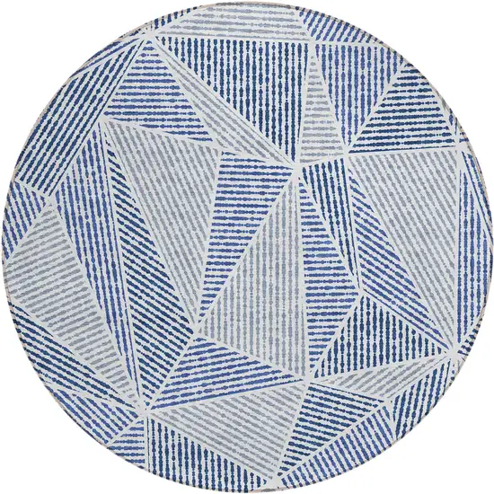 8' Navy Blue And Denim Blue Round Geometric Washable Indoor Outdoor Area Rug Photo 2