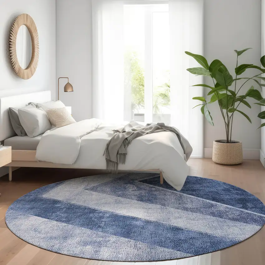 8' Navy Blue And Denim Blue Round Geometric Washable Indoor Outdoor Area Rug Photo 9
