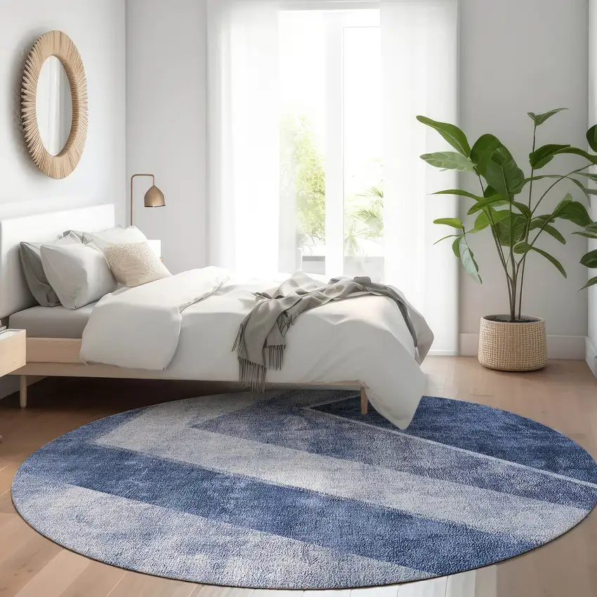 8' Navy Blue And Denim Blue Round Geometric Washable Indoor Outdoor Area Rug Photo 9