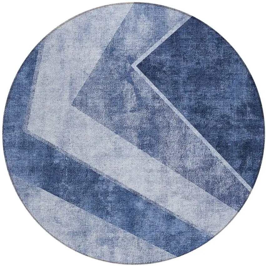 8' Navy Blue And Denim Blue Round Geometric Washable Indoor Outdoor Area Rug Photo 7