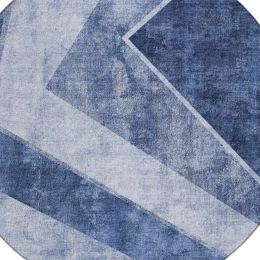 8' Navy Blue And Denim Blue Round Geometric Washable Indoor Outdoor Area Rug Photo 6