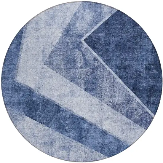 8' Navy Blue And Denim Blue Round Geometric Washable Indoor Outdoor Area Rug Photo 2