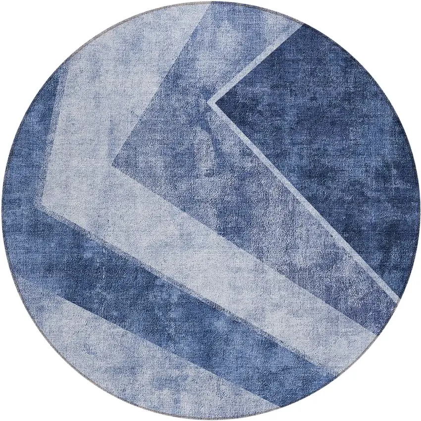 8' Navy Blue And Denim Blue Round Geometric Washable Indoor Outdoor Area Rug Photo 2