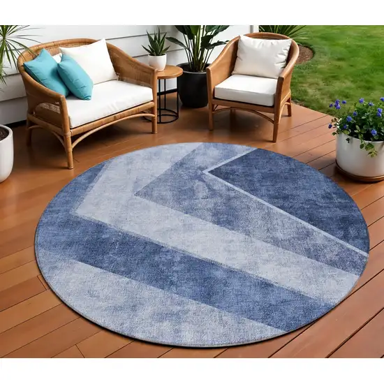 8' Navy Blue And Denim Blue Round Geometric Washable Indoor Outdoor Area Rug Photo 1