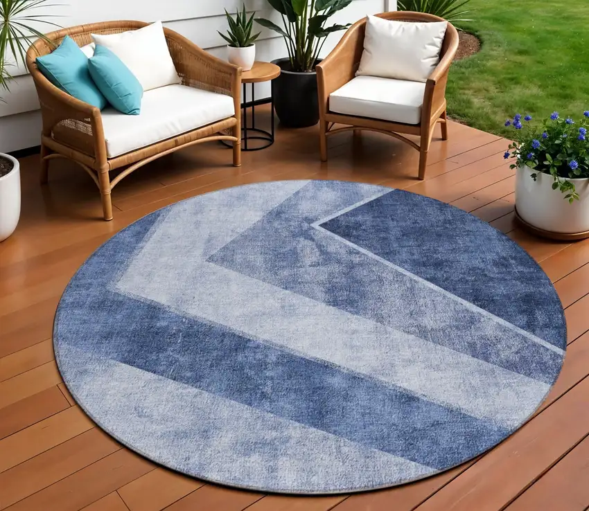 8' Navy Blue And Denim Blue Round Geometric Washable Indoor Outdoor Area Rug Photo 1