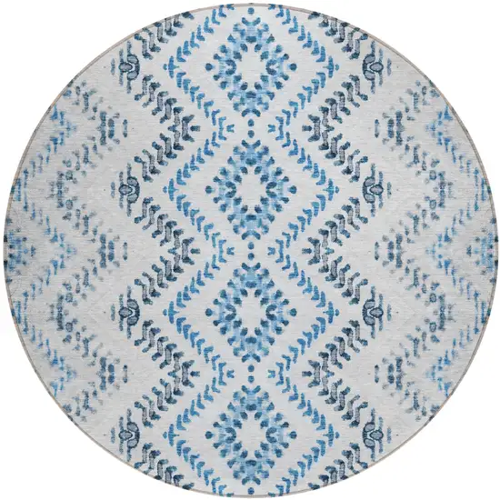 8' Navy Blue And Denim Blue Round Geometric Washable Indoor Outdoor Area Rug Photo 2