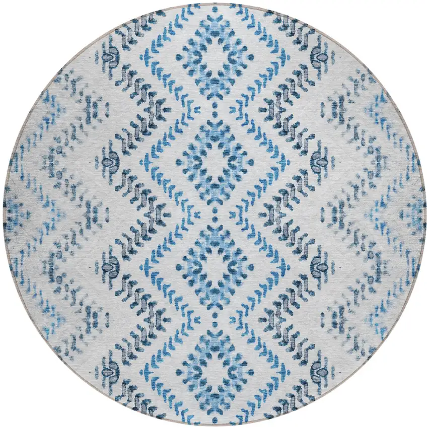 8' Navy Blue And Denim Blue Round Geometric Washable Indoor Outdoor Area Rug Photo 2