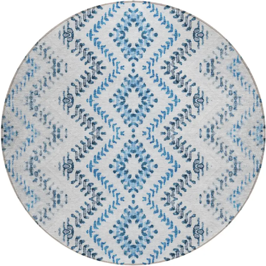 8' Navy Blue And Denim Blue Round Geometric Washable Indoor Outdoor Area Rug Photo 2
