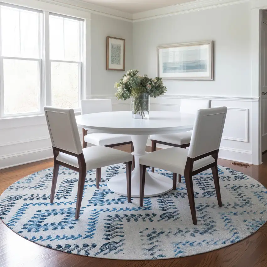 8' Navy Blue And Denim Blue Round Geometric Washable Indoor Outdoor Area Rug Photo 6