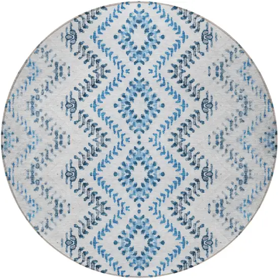 8' Navy Blue And Denim Blue Round Geometric Washable Indoor Outdoor Area Rug Photo 4