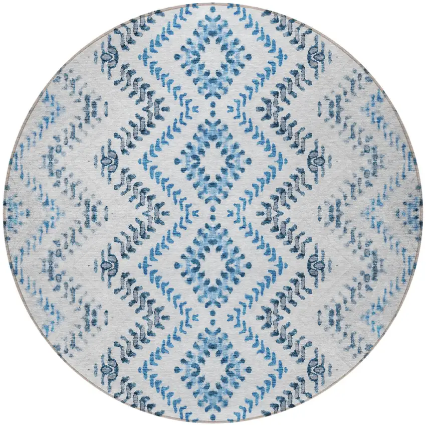 8' Navy Blue And Denim Blue Round Geometric Washable Indoor Outdoor Area Rug Photo 4