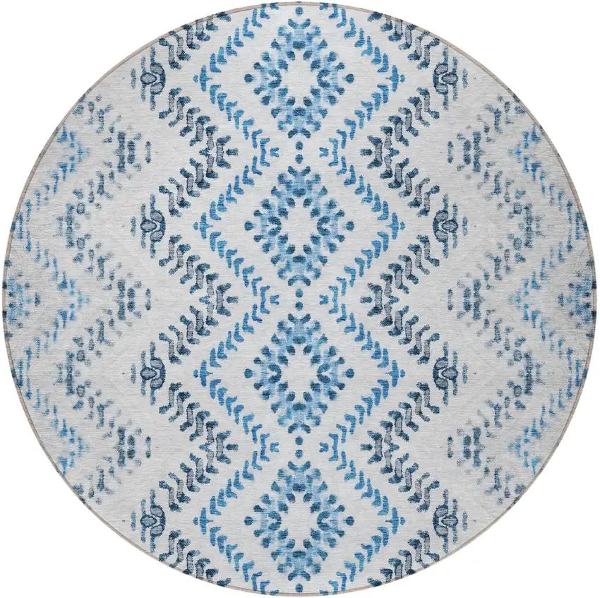 8' Navy Blue And Denim Blue Round Geometric Washable Indoor Outdoor Area Rug Photo 4