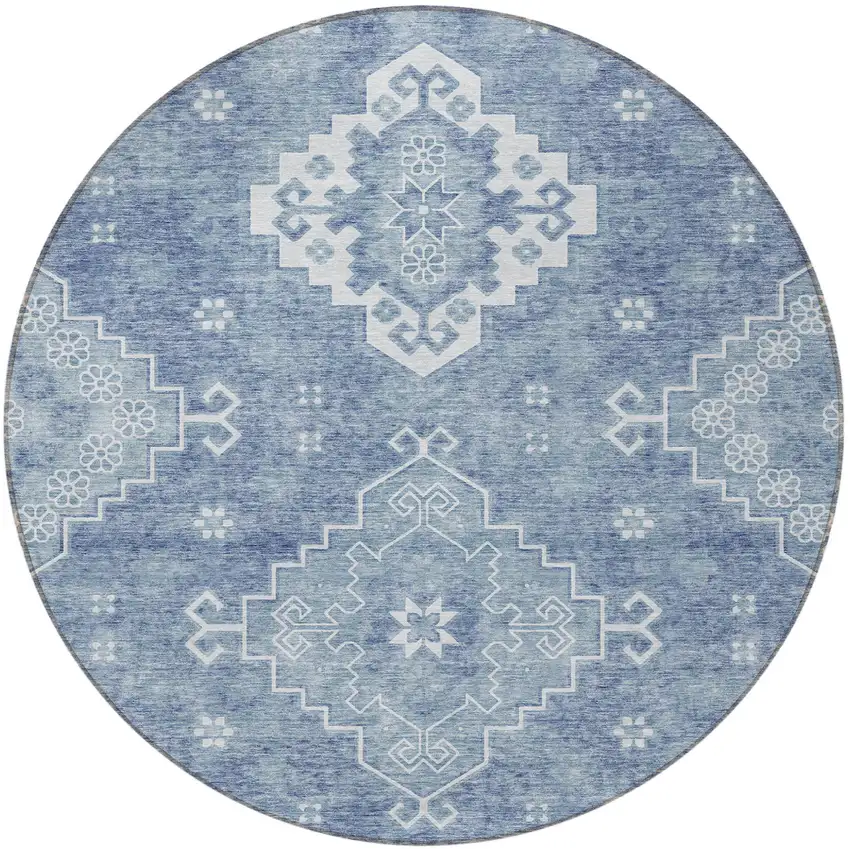 8' Navy Blue And Denim Blue Round Medallion Washable Indoor Outdoor Area Rug Photo 5