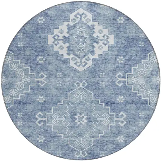 8' Navy Blue And Denim Blue Round Medallion Washable Indoor Outdoor Area Rug Photo 2