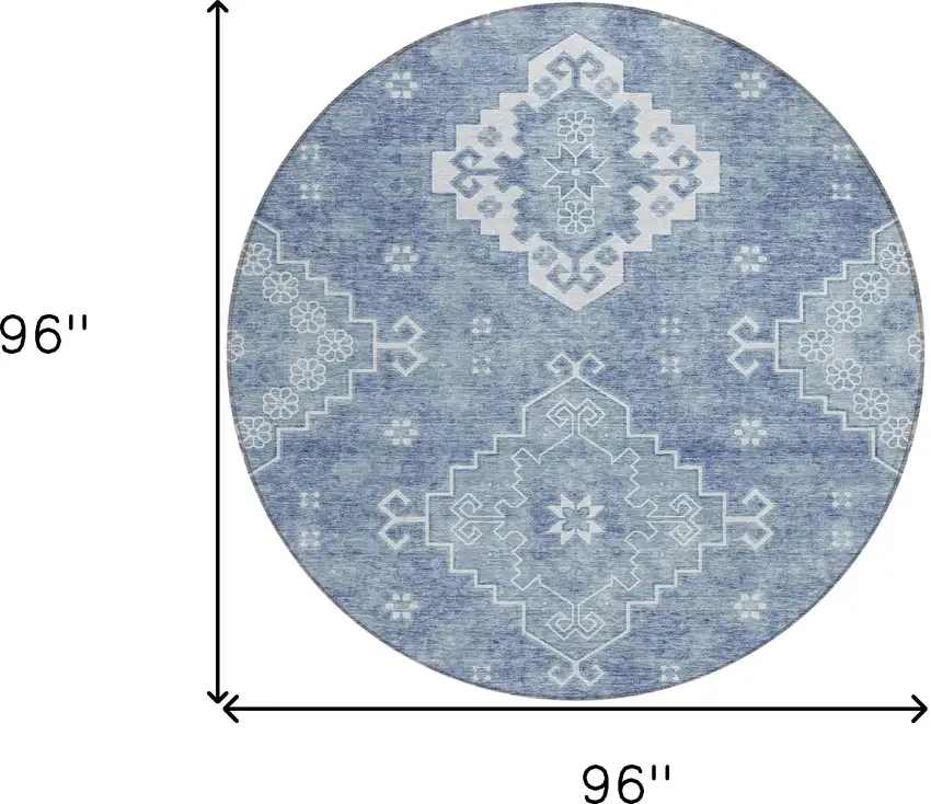 8' Navy Blue And Denim Blue Round Medallion Washable Indoor Outdoor Area Rug Photo 3