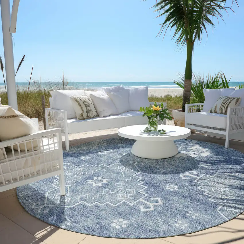 8' Navy Blue And Denim Blue Round Medallion Washable Indoor Outdoor Area Rug Photo 6