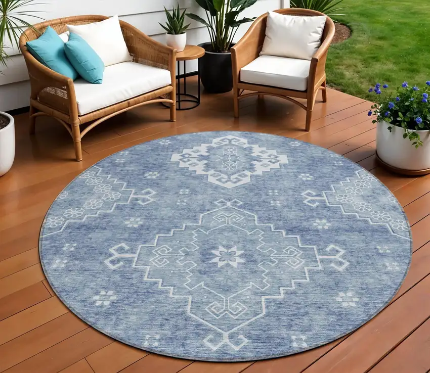 8' Navy Blue And Denim Blue Round Medallion Washable Indoor Outdoor Area Rug Photo 1