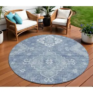 Photo of 8' Navy Blue And Denim Blue Round Medallion Washable Indoor Outdoor Area Rug