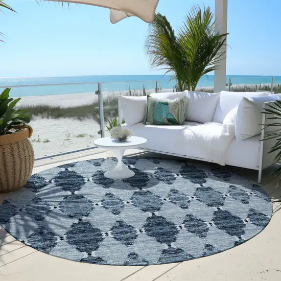 8' Navy Blue And Denim Blue Round Moroccan Washable Indoor Outdoor Area Rug Photo 6