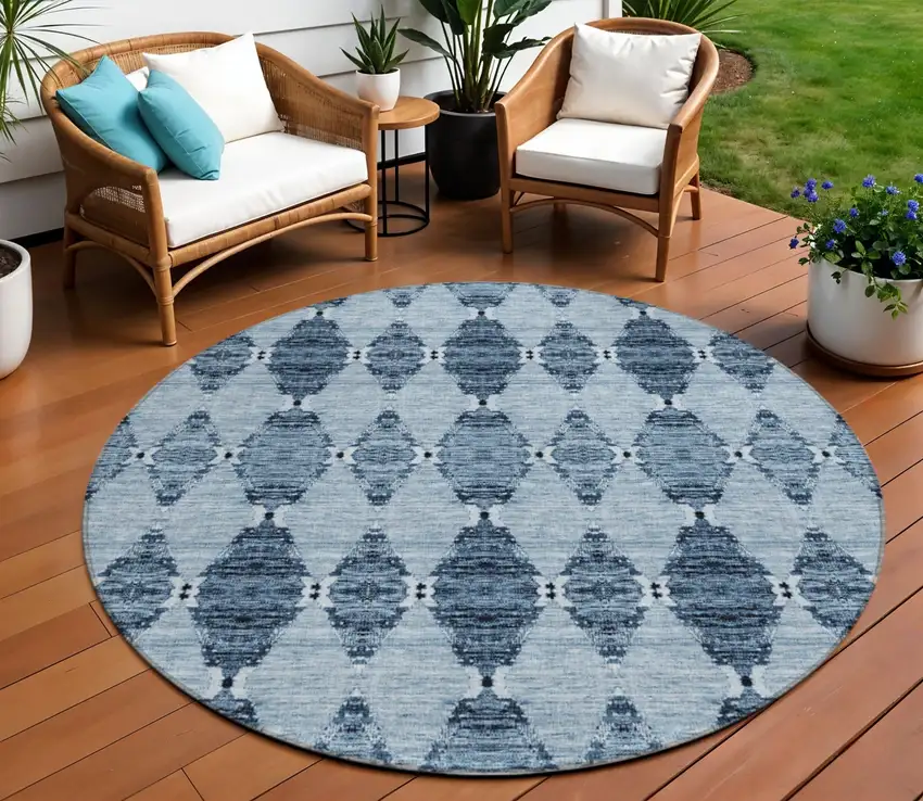 8' Navy Blue And Denim Blue Round Moroccan Washable Indoor Outdoor Area Rug Photo 1