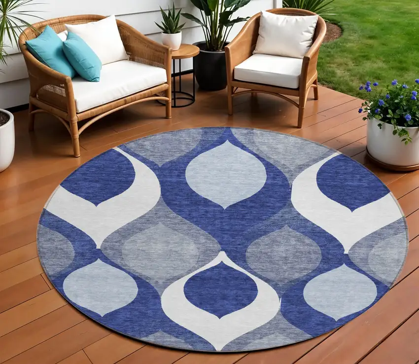 8' Navy Blue And Denim Blue Round Ogee Washable Indoor Outdoor Area Rug Photo 1