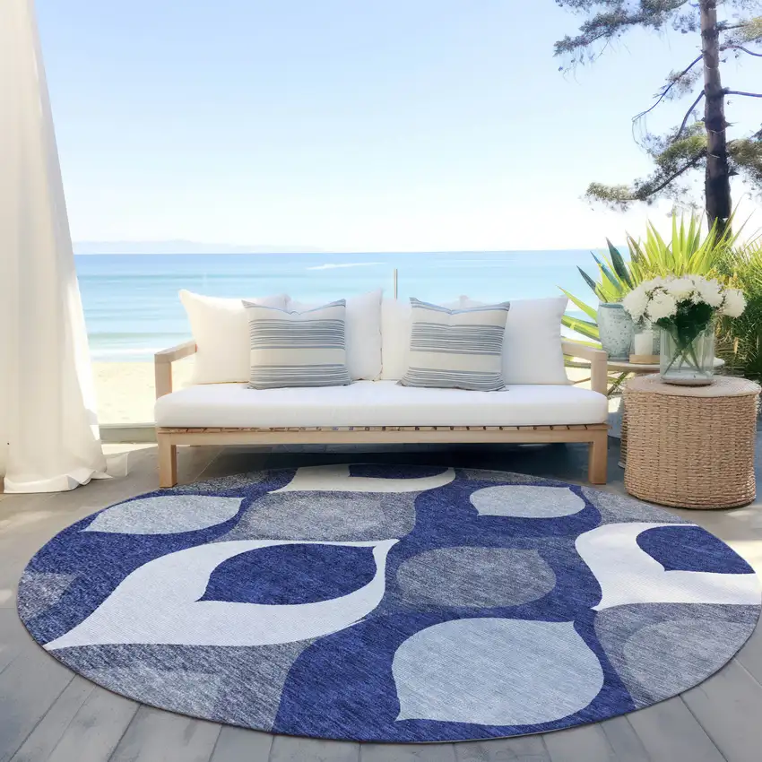 8' Navy Blue And Denim Blue Round Ogee Washable Indoor Outdoor Area Rug Photo 6