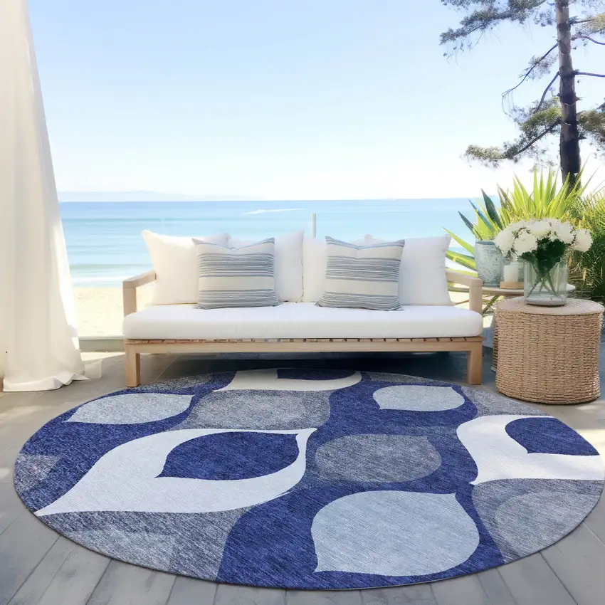 8' Navy Blue And Denim Blue Round Ogee Washable Indoor Outdoor Area Rug Photo 6