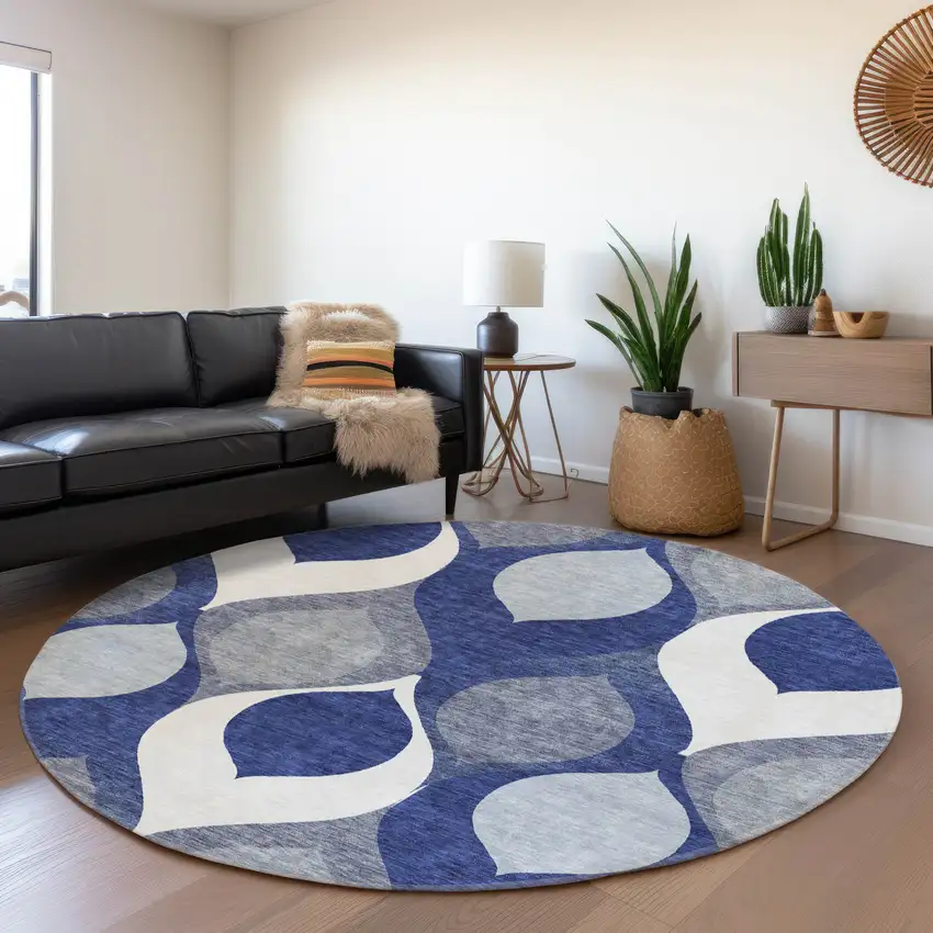 8' Navy Blue And Denim Blue Round Ogee Washable Indoor Outdoor Area Rug Photo 7