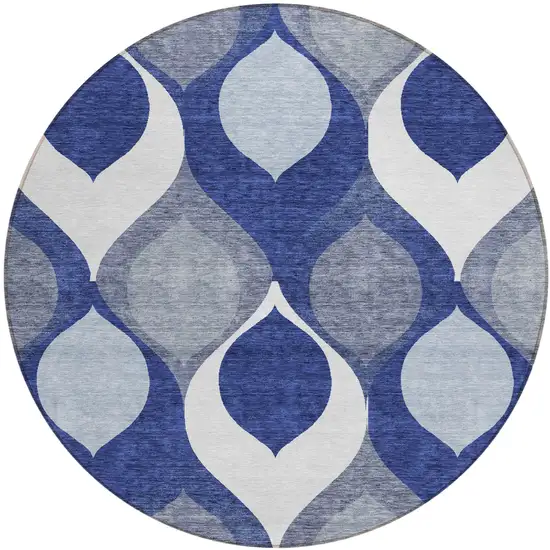 8' Navy Blue And Denim Blue Round Ogee Washable Indoor Outdoor Area Rug Photo 1