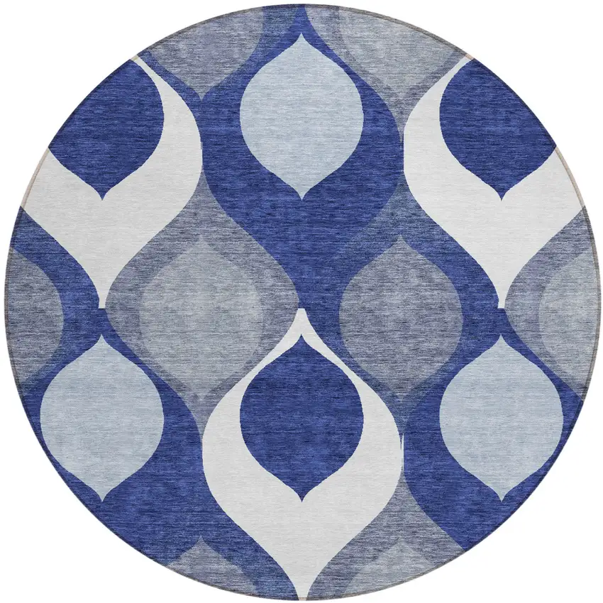 8' Navy Blue And Denim Blue Round Ogee Washable Indoor Outdoor Area Rug Photo 1