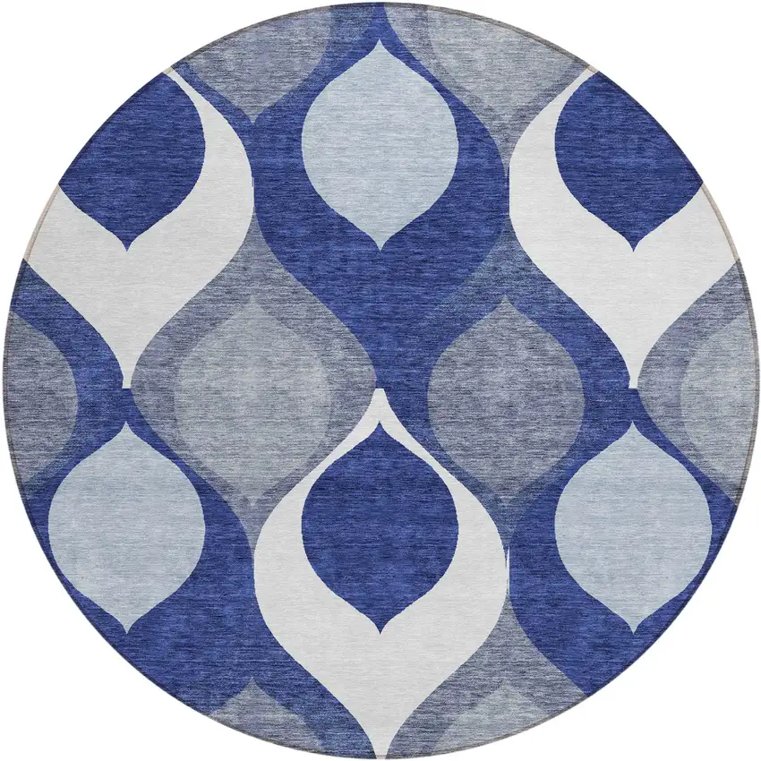 8' Navy Blue And Denim Blue Round Ogee Washable Indoor Outdoor Area Rug Photo 1
