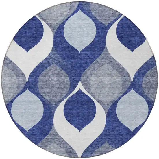 8' Navy Blue And Denim Blue Round Ogee Washable Indoor Outdoor Area Rug Photo 5