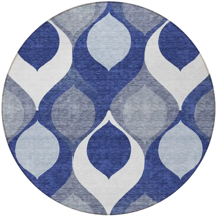 8' Navy Blue And Denim Blue Round Ogee Washable Indoor Outdoor Area Rug Photo 5