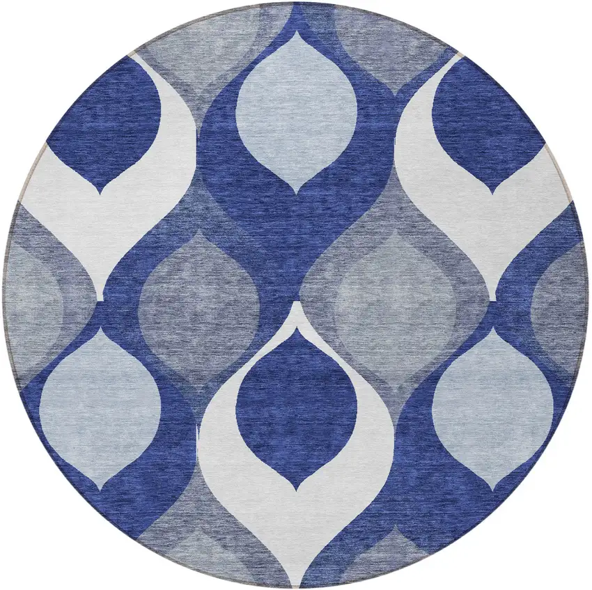 8' Navy Blue And Denim Blue Round Ogee Washable Indoor Outdoor Area Rug Photo 5