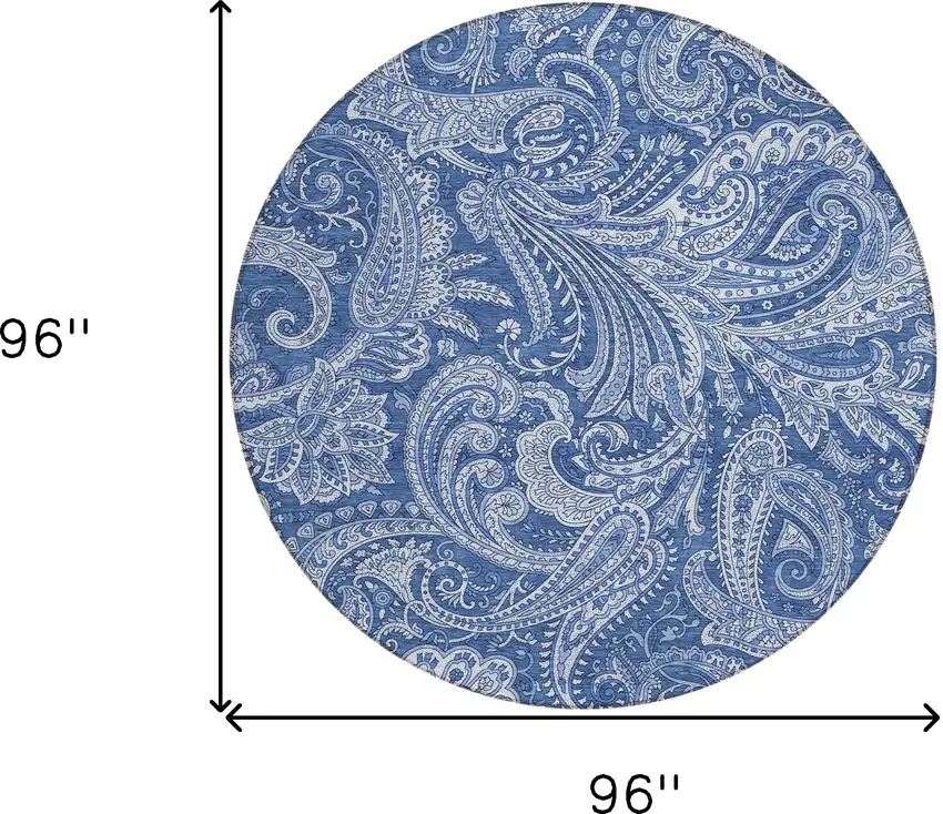 8' Navy Blue And Denim Blue Round Paisley Washable Indoor Outdoor Area Rug Photo 3