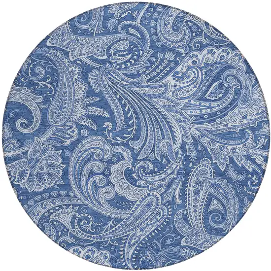 8' Navy Blue And Denim Blue Round Paisley Washable Indoor Outdoor Area Rug Photo 2