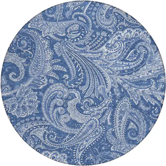 8' Navy Blue And Denim Blue Round Paisley Washable Indoor Outdoor Area Rug Photo 2