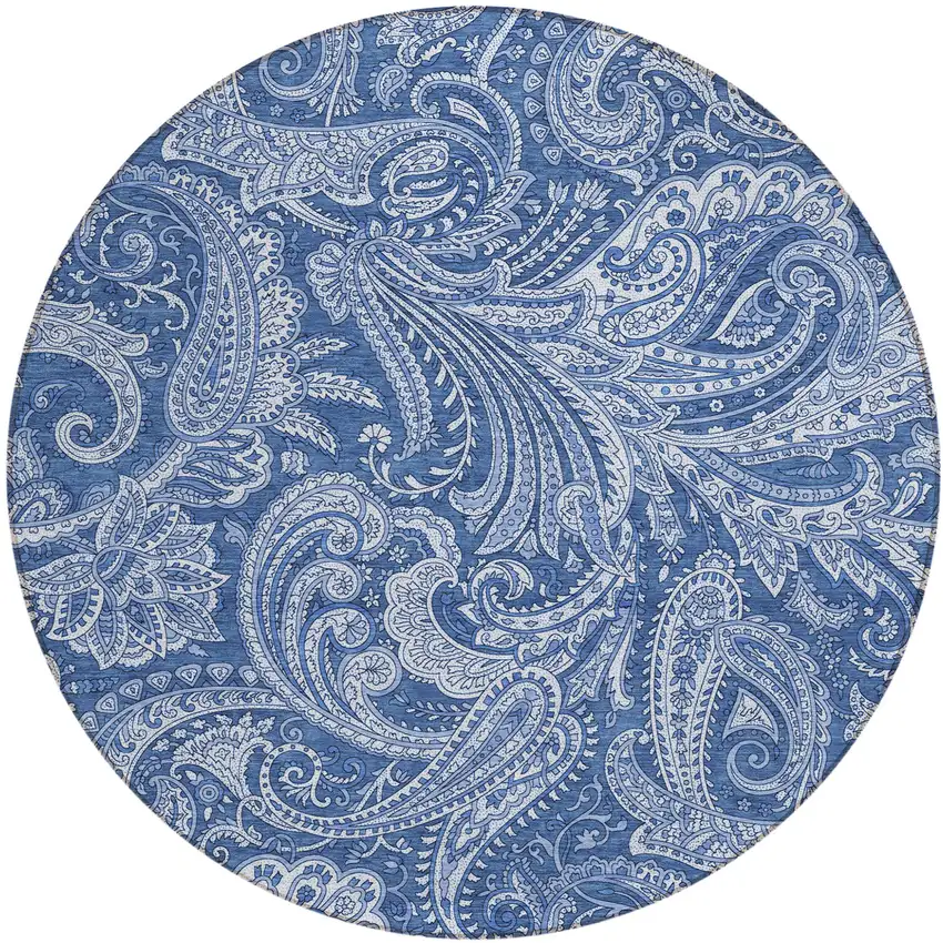 8' Navy Blue And Denim Blue Round Paisley Washable Indoor Outdoor Area Rug Photo 2
