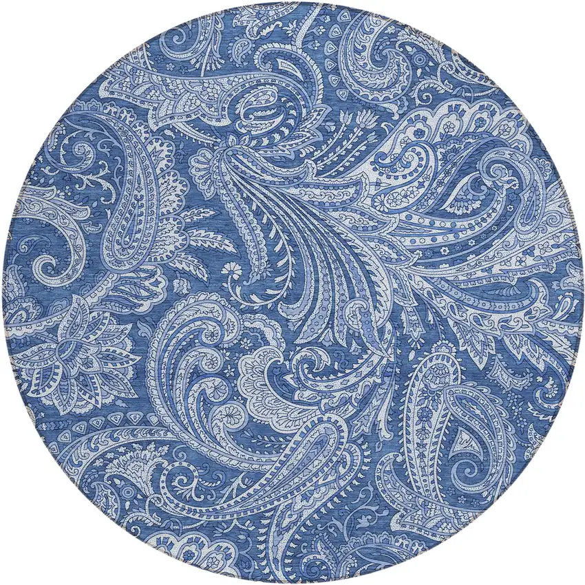 8' Navy Blue And Denim Blue Round Paisley Washable Indoor Outdoor Area Rug Photo 2