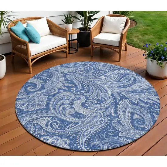 8' Navy Blue And Denim Blue Round Paisley Washable Indoor Outdoor Area Rug Photo 1